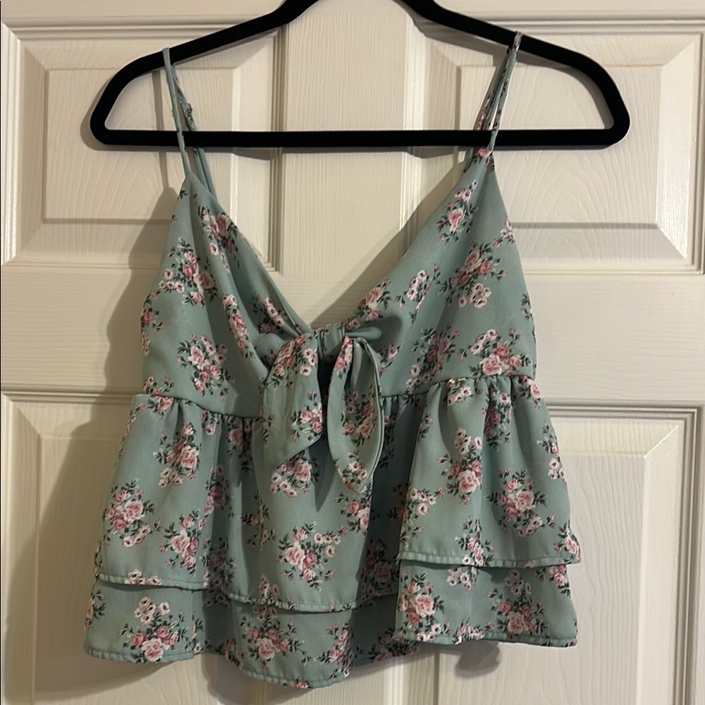 Papaya Green Floral Spaghetti Strap Crop Top